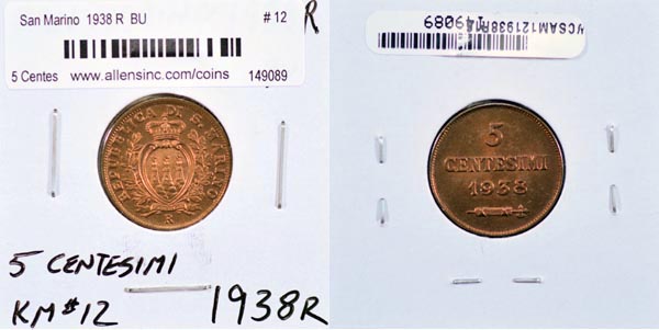 San Marino, 1938 R 5 Centesimi, Cat# 12 MAIN