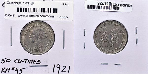 Guadeloupe, 1921 50 Centimes, Cat# 45 MAIN