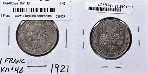 Guadeloupe, 1921 1 Franc, Cat# 46 MAIN