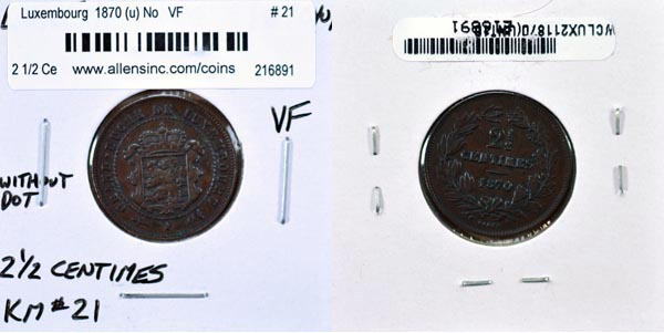 Luxembourg, 1870 (u) ND 2 1/2 Centimes, Cat# 21 MAIN