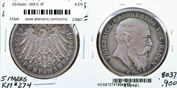 German States, Baden, 1904 G 5 Mark, Cat# 274 MAIN