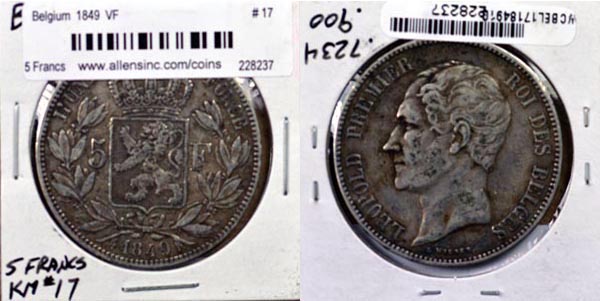 Belgium, 1852 5 Francs, Cat# 17 MAIN