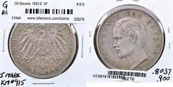 German States, Bavaria, 1876 D 5 Mark, Cat# 502 MAIN