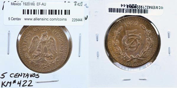 Mexico, United States, 1920 Mo 5 Centavos, Cat# 422 MAIN