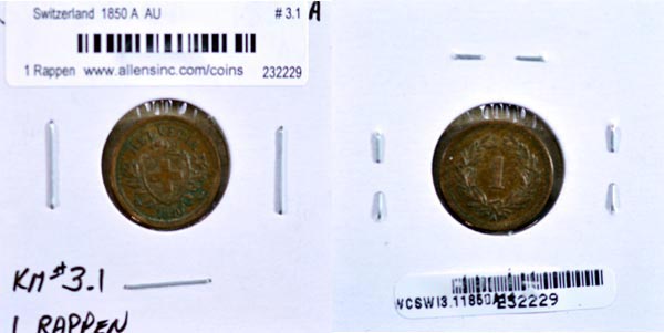 Switzerland, 1850 A 1 Rappen, Cat# 3.1 MAIN