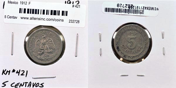 Mexico, United States, 1912 SMM 5 Centavos, Cat# 421 MAIN