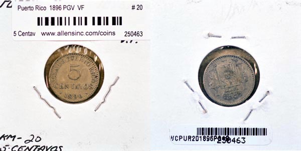 Puerto Rico, 1896 PGV 5 Centavos, Cat# 20 MAIN