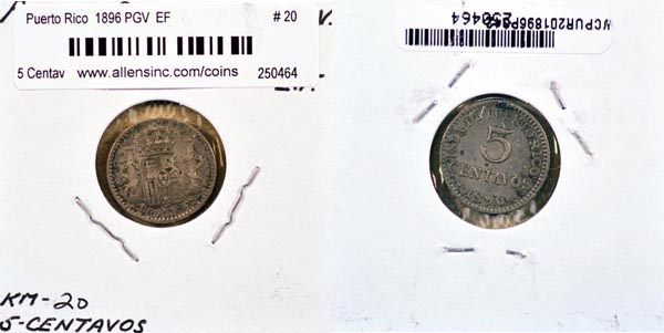 Puerto Rico, 1896 PGV 5 Centavos, Cat# 20 MAIN