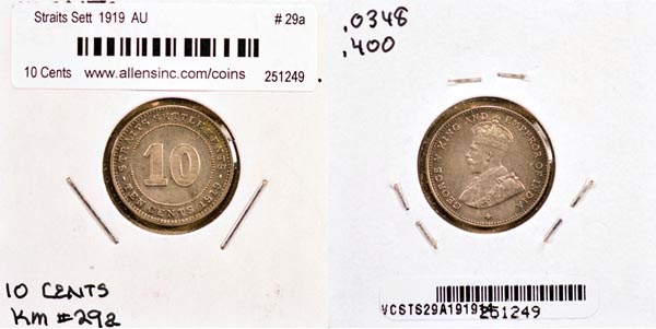 Straits Settlements, 1919 10 Cents, Cat# 29a MAIN