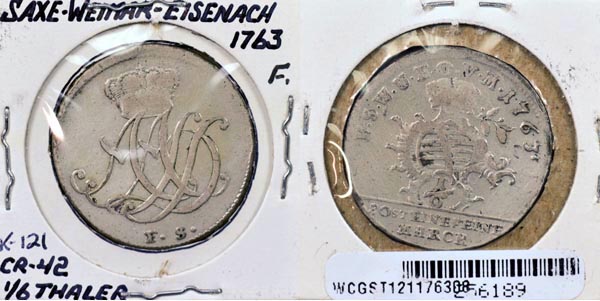 German States, Saxe-Weimar-Eisenach, 1763 1/6 Thaler, Cat# 121 MAIN