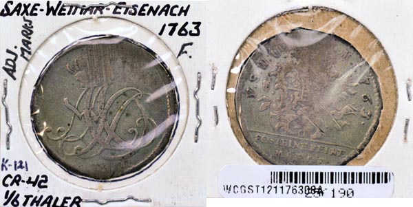 German States, Saxe-Weimar-Eisenach, 1763 1/6 Thaler, Cat# 121 MAIN