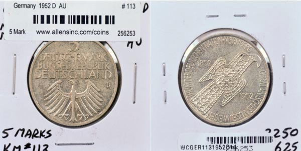 Germany, 1952 D 5 Mark, Cat# 113 MAIN