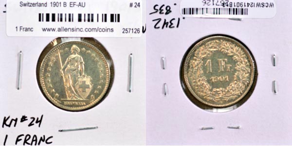 Switzerland, 1901 B 1 Franc, Cat# 24 MAIN