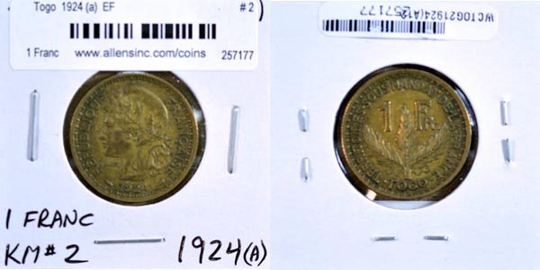 Togo, 1924 (a) 1 Franc, Cat# 2 MAIN