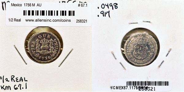 Mexico, Spanish Colony, 1756 M 1/2 Real, Cat# 67.1 MAIN