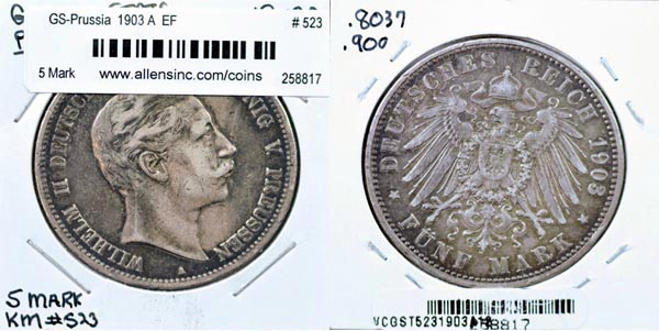 German States, Prussia, 1904 A 5 Mark, Cat# 523 MAIN
