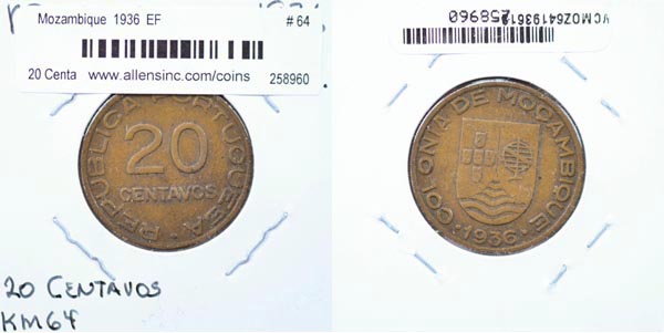 Mozambique, 1936 20 Centavos, Cat# 64 MAIN