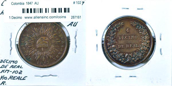Colombia, 1872 1/2 Decimo, Cat# 150.2a MAIN