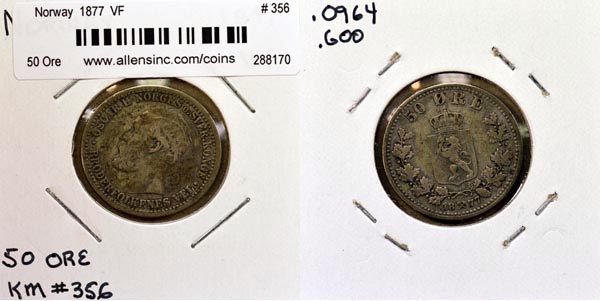 Norway, 1877 50 Ore, Cat# 356 MAIN