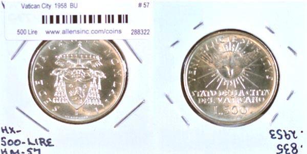 Vatican City, 1958 500 Lire, Cat# 57 MAIN