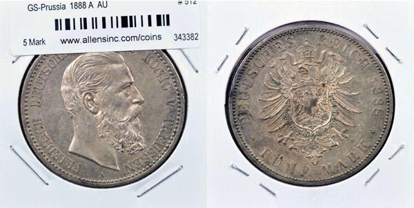 German States, Prussia, 1888 A 5 Mark, Cat# 512 MAIN