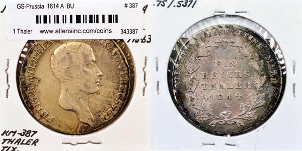 German States, Prussia, 1814 A 1 Thaler, Cat# 387 MAIN