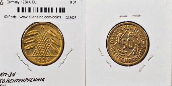 Germany, 1924 A 50 Rentenpfennig, Cat# 34 MAIN