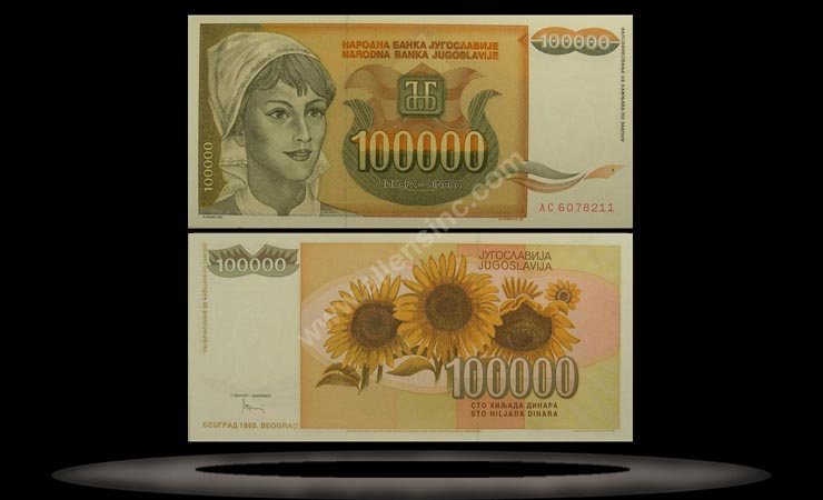 Yugoslavia Banknote, 100,000 Dinara, 1993, P#118 MAIN
