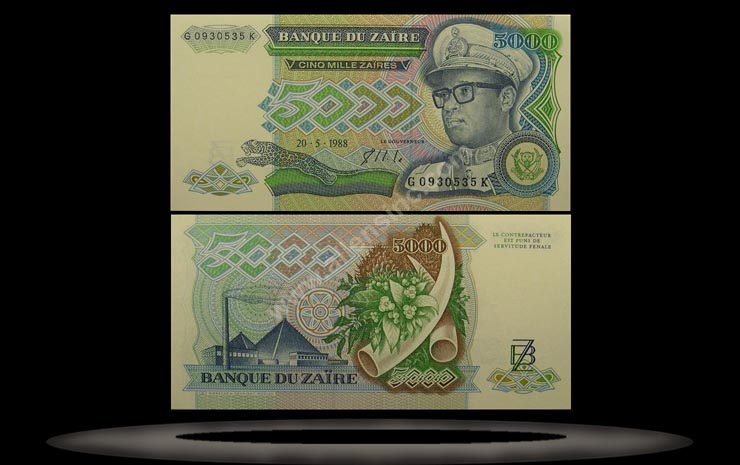 Zaire Banknote, 5000 Zaires, 20.5.1988, P#37b MAIN