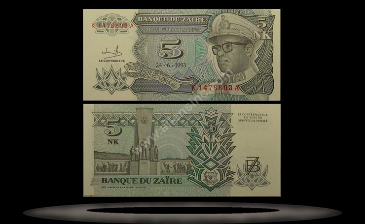 Zaire Banknote, 5 Nouveaux Makuta, 24.6.1993, P#48 MAIN