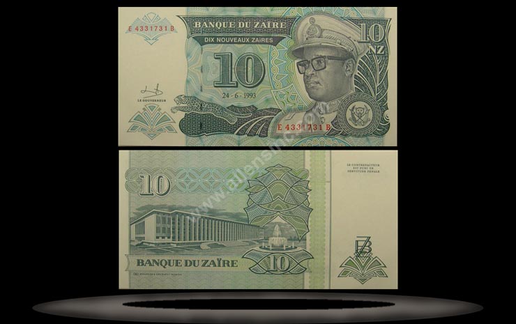 Zaire Banknote, 10 Nouveaux Zaires, 24.6.1993, P#54 MAIN
