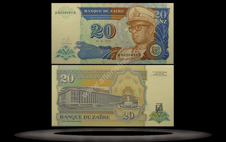 Zaire Banknote, 20 Nouveaux Zaires, 24.6.1993, P#56 MAIN