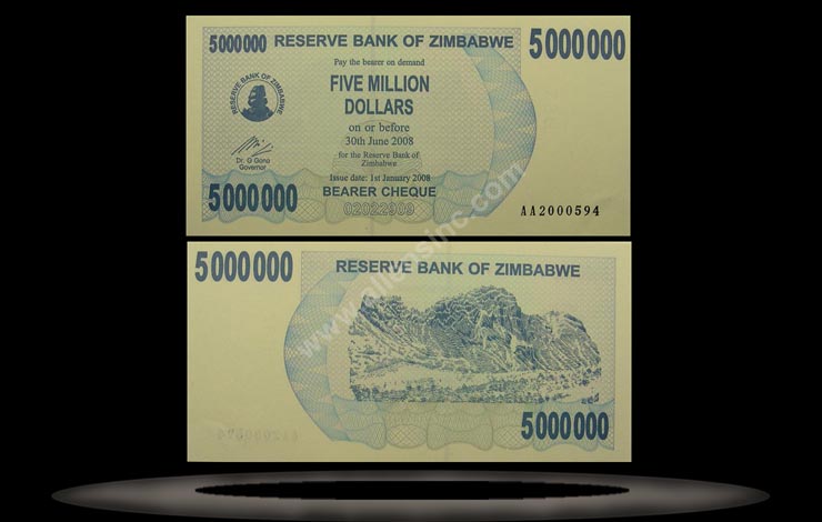 Zimbabwe Banknote, 5 Million Dollars, 1.1.2008, P#54 MAIN