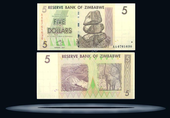 Zimbabwe Banknote, 5 Dollars, 2007, P#66 MAIN