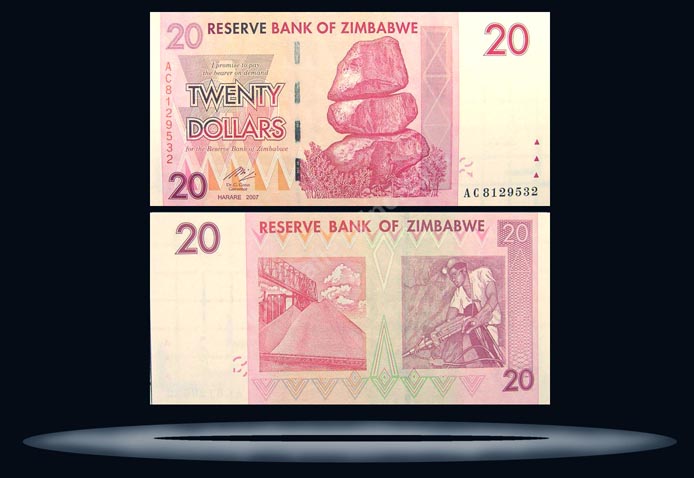 Zimbabwe Banknote, 20 Dollars, 2007, P#68 MAIN