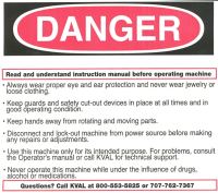 Label, Danger, Read and Understand Instruction Manual, Label For All KVAL Machines. LARGE