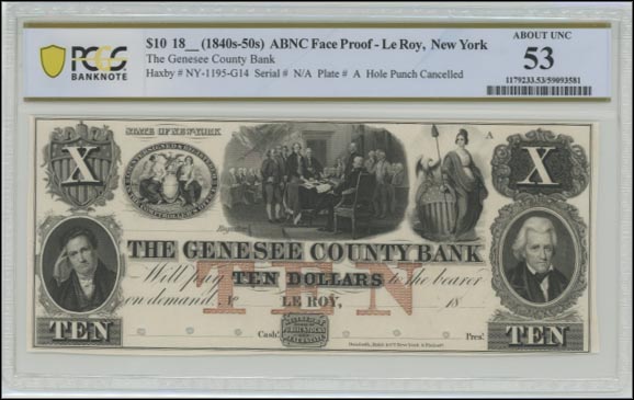 Genesee County Bank, Le Roy; ABNC Face Proof, New York MAIN