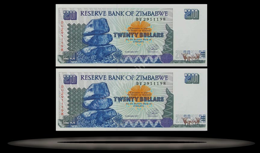Zimbabwe Banknote, 20 Dollars, 1997, P#7a MAIN