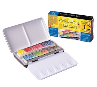 Sennelier French Artists' Watercolor Metal Pocket Set, Half Pan, 12-Colors LARGE