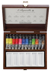 Sennelier French Artists' Watercolor Walnut Box Set, 10ml Tubes, 12-Colors MAIN