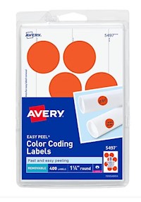 LABELS, COLOR CODING, AVERY, 1 1/4" DIAMETER, NEON RED, 8/SHEET, 50 SHEETS/CT MAIN