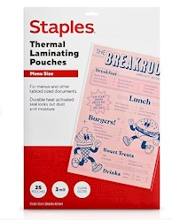 LAMINATING POUCHES, THERMAL, STAPLES, MENU, 3 MIL, 25/CT LARGE