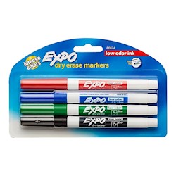 DRY ERASE MARKERS, EXPO, LOW ODOR, FINE TIP, ASSORTED COLORS, 4/CT LARGE