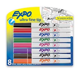 DRY ERASE MARKERS, EXPO, ULTRA FINE TIP, ASSORTED COLORS, 8/CT LARGE