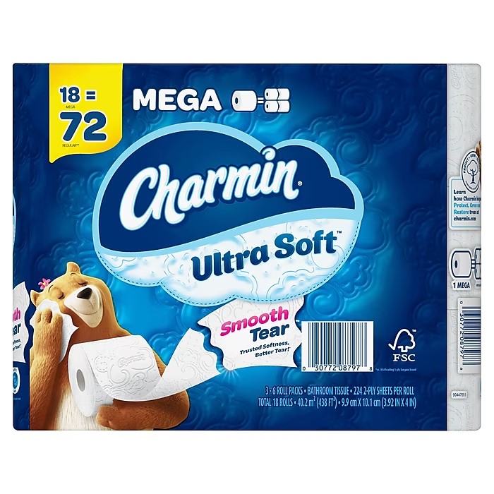 TOILET TISSUE, MEGA 2-PLY, CHARMIN ULTRA SOFT, WHITE, 264 SHEETS/ROLL, 18 ROLLS/CT LARGE
