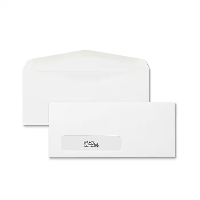 ENVELOPES, BUSINESS, GUMMED, WHITE, WINDOW, 4 1/8" x 9 1/2", 500/BOX LARGE