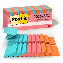 STICKY NOTES, POST-IT, 3" X 3", ASSORTED COLORS, 100 SHEETS/PAD, 18 PADS/CT LARGE