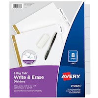 DIVIDERS, WRITE & ERASE, PAPER, AVERY, BIG TAB, 8 TABS, WHITE, GOLD REINFORCED MAIN