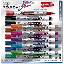 DRY ERASE MARKERS, BIC, FINE BULLET TIP, ASSORTED COLORS, 12/CT LARGE
