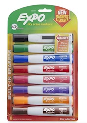 DRY ERASE MARKERS, EXPO, MAGNETIC, CHISEL TIP, ASSORTED COLORS, 8/CT LARGE